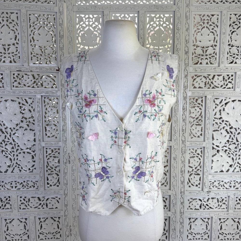 Vtg Keren Hart Linen Blend Cottage Butterfly Vest Womens Medium Prairie 90's